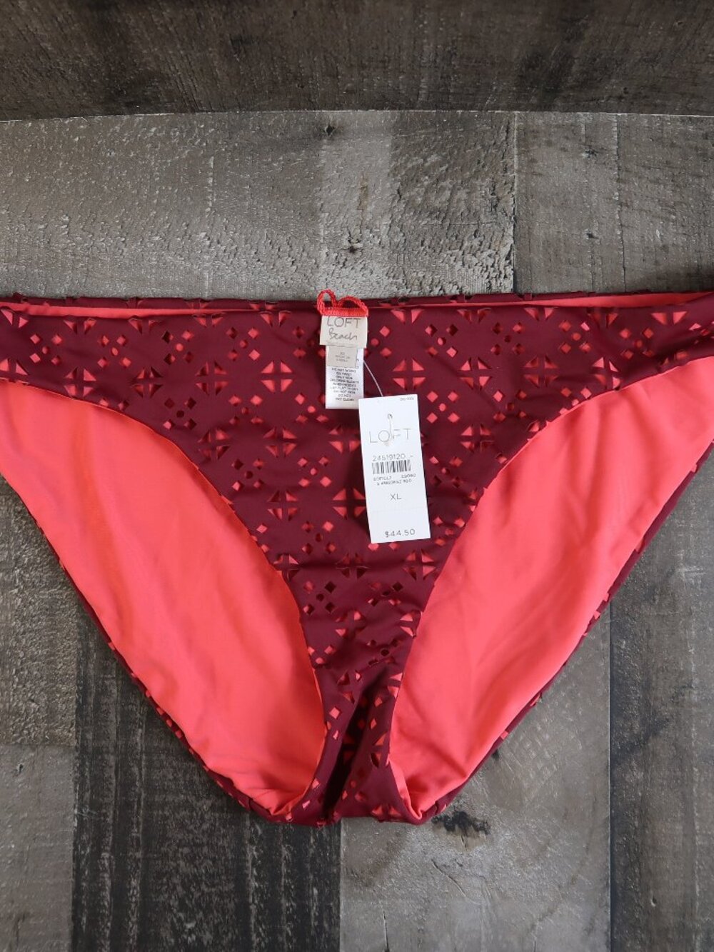 LOFT Beach Ann Taylor Womans XL Laser Cut Peep Bikini Bottoms Red Maroon